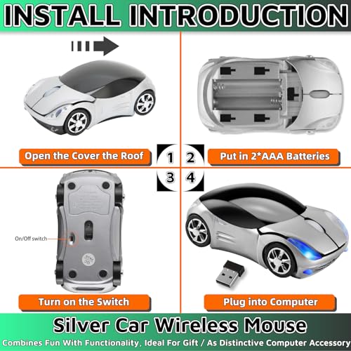 HuGuWdy Silver Car Mouse，2.4G with USB Reciver 1600DPI Computer Mice Wireless for Computer Wireless Computer Mouse for Laptop Tablet for Windows Mac OS（Silver） - color: Silver