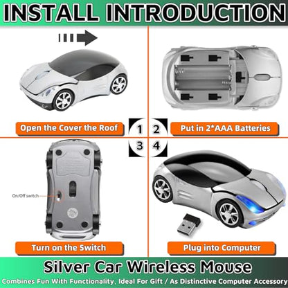 HuGuWdy Silver Car Mouse，2.4G with USB Reciver 1600DPI Computer Mice Wireless for Computer Wireless Computer Mouse for Laptop Tablet for Windows Mac OS（Silver） - color: Silver