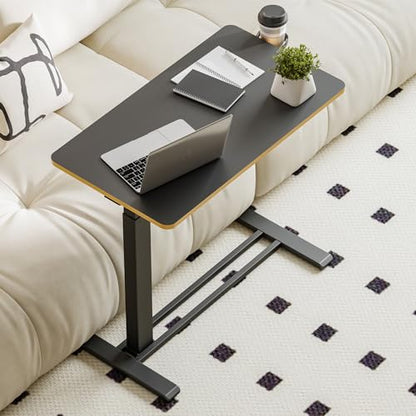 Medical Overbed Adjustable Bedside Table with Hidden Casters, Pneumatic Mobile Rolling Laptop Standing Desk with Tray for Home and Hospital Use, Black - color: Black, size: Large