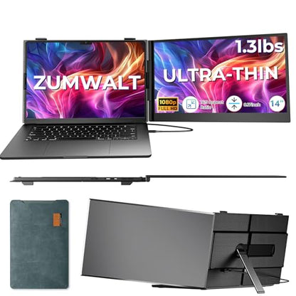 ZUMWALT Laptop Screen Extender, 14" FHD 1080P Dual Portable Monitor for Laptop, Ultra-Thin Travel Monitor Extender Fit 13”-17.3”, Plug and Play Compatible with Windows/Mac/Android/Chrome/Switch - style: 14" Dual Screen