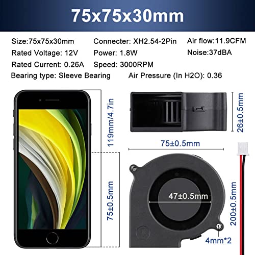 Wathai DC Centrifugal Fan 12V 75mm Brushless Cooling Blower Fan 3 inch 7530 | Small 12 volt snail squirrel cage turbo ventilator unit provides low db quiet exhaust airflow for car audio amp, PC & BBQ - style: 12V 2Pin