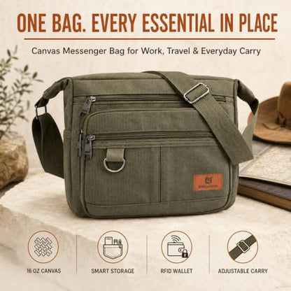 Rfid Crossbody Messenger Bag with Water Bottle Holders, 13 inch Laptop Shoulder Bag, Sling Satchel Purse w/Built-in Wallet - color: Army Green
