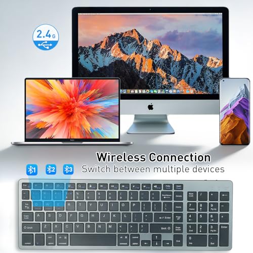 Wireless Keyboard,Bluetooth and 2.4G USB Wireless Keyboard,Rechargeable Slim Quiet Typing Keyboard for Mac/Windows -Space Grey