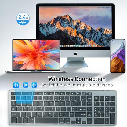 Wireless Keyboard,Bluetooth and 2.4G USB Wireless Keyboard,Rechargeable Slim Quiet Typing Keyboard for Mac/Windows -Space Grey