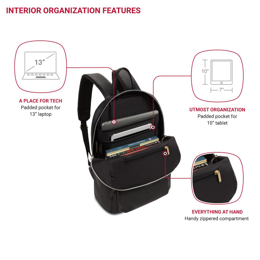 SwissGear Serenity Luxe Women's Laptop Backpack, Laptop Bag Fits Most 13-Inch Laptops, Black, 16 Inches - color: Black
