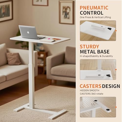 GallopFun Rolling Teacher Standing Desk with Hidden Wheels,Pneumatic Mobile Laptop Table Height Adjustable Small Sit Standing Desk for Home Office,White - color: White