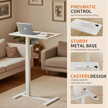 GallopFun Rolling Teacher Standing Desk with Hidden Wheels,Pneumatic Mobile Laptop Table Height Adjustable Small Sit Standing Desk for Home Office,White - color: White