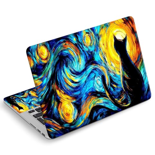 Universal Laptop Skin Sticker Decal, Compatible with MacBook HP Dell Lenovo 12"-15.6", Reusable Vinyl Notebook Cover 3PCS Set, High-Recognition Film-Van Gogh Starry Night Cat - color: Black Cat Starry Night