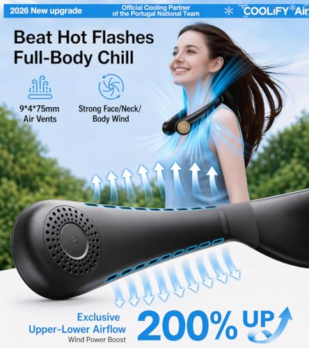 TORRAS COOLiFY Air 2026 Upgraded Neck Fan Air Conditioner, Dual-Airflow Pro Cooling, Ultra Light Portable Fan Rechargeable, Personal Cooling Fan Travel Essentials, Gift for Dad Husband Father, Black - color: Deep Black