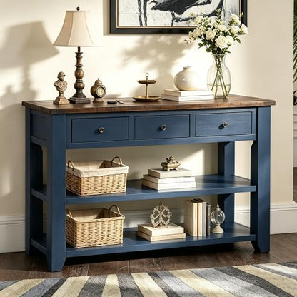 48’’ Modern Farmhouse Wood Entryway Console Table with Storage (Blue) | 3-Tier Sofa Table Behind Couch, 3 Drawers, 2 Open Shelves, Easy Assembly, for Living Room, Foyer, Hallway - color: Blue -1