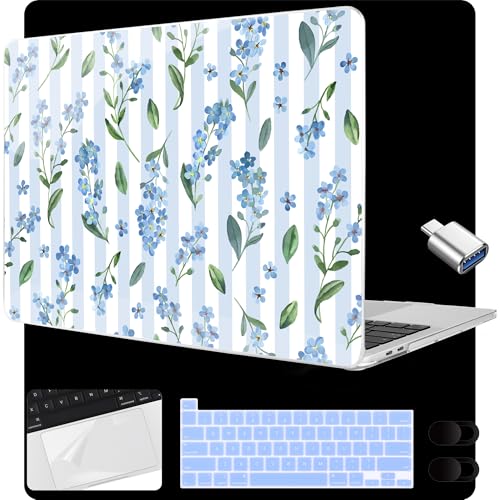 MEEgoodo for MacBook Pro 13 inch Case 2022 2021 2020 A2338 M2/M1 A2251 A2289 with Touch ID,Clear Laptop Cases with Keyboard Webcam Cover&Trackpad Film& Type C Adapter, Blue Watercolor Flowers&Stripes - color: Blue Watercolor Flowers&Stripes