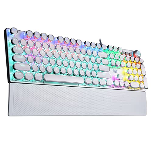 AULA F2088 Typewriter Mechanical Keyboard, White Retro Wired Gaming Keyboard with Blue Switches, Rainbow Backlit, Round Keycaps, Media Knob & Removable Wrist Rest - color: White | Clicky Blue Switches