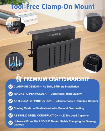 LUKETURE Desk Side Storage, No Drill Laptop Mount with Pen Holder, Clamp-On | Fits Flat Edge Desks 0.3 to 2.8 Inches,Secure Grip on Wood, Glass, or Metal Surfaces Without Slipping - color: Black(1 Tie)