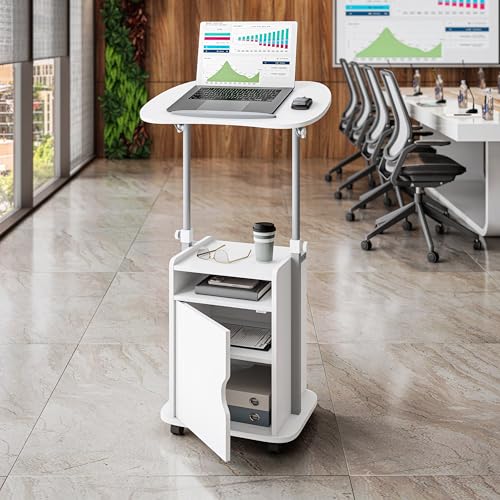 Techni Mobili Adjustable Laptop Cart w/Storage, Rolling Mobile Desk, White | Adjustable laptop cart with storage cabinet, shelf, locking wheels, sit‑stand height for home office, bedside, classroom - color: White