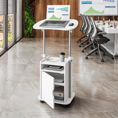 Techni Mobili Adjustable Laptop Cart w/Storage, Rolling Mobile Desk, White | Adjustable laptop cart with storage cabinet, shelf, locking wheels, sit‑stand height for home office, bedside, classroom - color: White