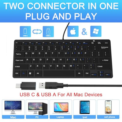 Ultra-Slim 78keys USB Mini Wired Keyboard with Media Hotkeys for Apple Mac Pro, MacBook 56Pro/ iMac, Air, Mac mini, Laptop Computers, Windows Desktop PC 11/10/8/7, with USB-A to C OTG Adapter, Black - color: Black, size: USB-A