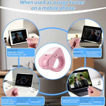 Mini Bluetooth Wireless Mouse Dual Mode Finger & Ring Touchpad Design, Rechargeable with Charging Case for PC, Laptops, Tablets & Smartphones – Ideal for Remote Control, Page Turning,Travel (Pink) - color: Pink