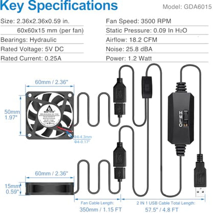 GDSTIME Dual 60mm x 15mm USB Fan w/ 3 Speed Control 5V Brushless DC Cooling | 2 in 1 USB PC Fans, for Router, Modem, NVR, Raspberry Pi, Mini Computer, Ebike Battery Charging Case, DIY Project Ventilation - size: 60x15mm