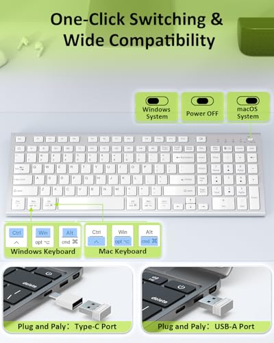 FENIFOX Wireless Silent Keyboard, Ultra Quiet USB C Low Profile Compact Full Size with Number Pad Flat Slim Thin Soft Touch for Mac Computer MacBook iMac PC Laptop Desktop Office (White and Silver) - color: White and Silver
