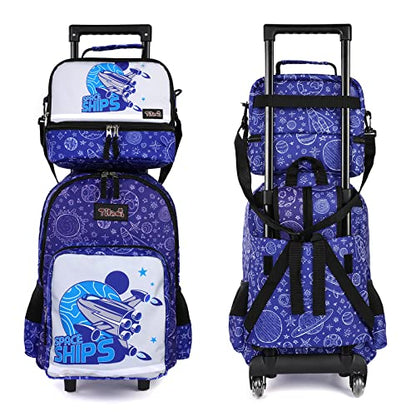 Tilami Rolling Backpack 18 inch Double Handle with Lunch Bag Wheeled Kids Backpack, Spaceship Blue - color: Spaceship Blue
