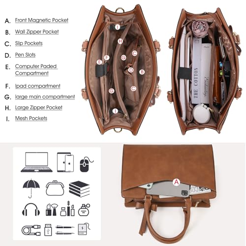 RAINSMORE Laptop Bag for Women 15.6 Inch PU Leather Laptop Tote Bag Professional Business Office Briefcase Waterproof Work Bag Computer Tote Bag Large Lightweight Handbag Shoulder Bag - color: Deep Brown