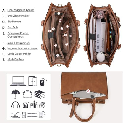 RAINSMORE Laptop Bag for Women 15.6 Inch PU Leather Laptop Tote Bag Professional Business Office Briefcase Waterproof Work Bag Computer Tote Bag Large Lightweight Handbag Shoulder Bag - color: Deep Brown
