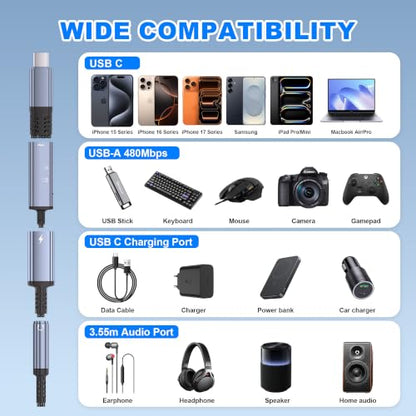USB-C to 3.5mm Headphone Adapter,3 in 1 USB C Charging Port Splitter,OTG Adapter,TF/SD Card Reader,USB C to Audio Jack Adapter for iPhone15 16 17,Android,iPad,Laptop,Slivery