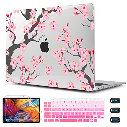 CISSOOK Compatible with MacBook Air 13 inch Case Pink 2021 2020 2019 2018 | A2337 A2179 A1932, 4in1 Set Hard Shell Case Keyboard Cover Screen Protector for MacBook Air 13 inch M1, Cherry Blossoms - color: Cherry blossoms