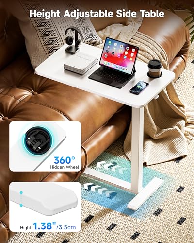 BIZUM Adjustable Bedside Table with Swivel Hidden Wheels Pneumatic Rolling Desk Mobile Standing Desk with Cup Holder for Hospital Home(27.6"x15.8" White) - color: White, size: 27.6"x15.8"