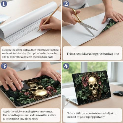 Universal Laptop Skin Sticker Decal,15.6 Inch Laptop Vinyl Cover for 13" 14" 15.6" Laptop,Scratch-Resistant Waterproof Protector Wrap,Reusable with Wrist Pads,Flower Skull Wreath - color: Flower Skull Wreath