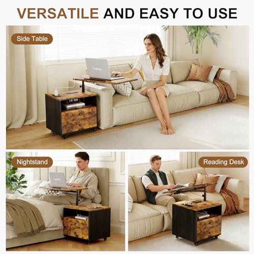 Bedroom Nightstand with Drawers & Charging Station, Adjustable Height Bedside Table with Wheels, Wooden Small Sofa Side Tables with Storage for Living Room, Rustic Brown - color: [A3] Rustic Brown