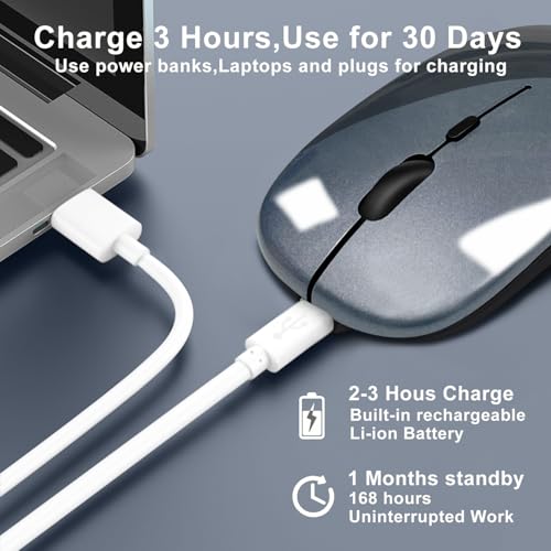 Wireless Bluetooth Mouse for iPad/MacBook Pro/Air/Laptop/pc Rechargeable Silent Mouse Portable Slim for Surface Pro/Lenovo/Samsung Tablet (LED/Gray) - color: LED/Gray