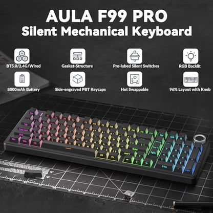 AULA F99 Pro Wireless Mechanical Keyboard-Silent Version,BT5.0/2.4GHz/USB-C Hot Swappable Custom Keyboard,Gasket Structure,Pre-lubed Linear Switches RGB Backlit Computer Gaming Keyboards,Black - color: Black