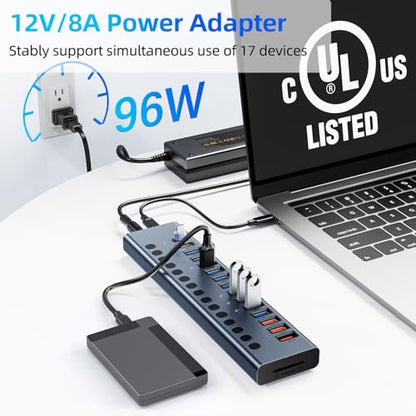 Powered USB Hub 10Gbps, 17 Ports USB 3.2 Hub, 96W Power Adapter | 10 USB-A 3.2, 3 QC 24W Fast Charging, 2 USB-C 3.2, SD/TF, 12V/8A Power Adapter for Laptop, PC, Computer, HDD, Flash Drive - color: Gray