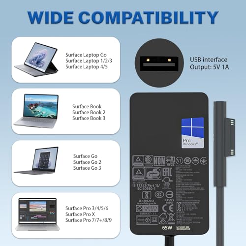 Original 65W 44W 1796 1706 1800 1625 Laptop Charger Compatible with Microsoft Surface Pro 10 9 8 7+ 7 6 Windows 5 4 3 2 Fit Model 1876 1943 1950 1958 1866 1724 1963 1769 1735 Tablet Power Supply