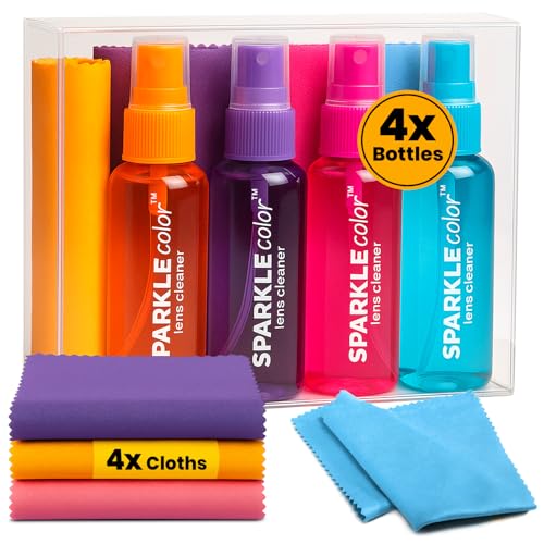 Sparkle Color Lens Cleaner Spray Kit with Vinyl Flip-Top Pouch – (4) 1oz Glasses Cleaner Spray + (4) Microfiber Cloth for Eyeglasses,Sunglasses,Screens and Camera Cleaning Kit(Assorted Colors)