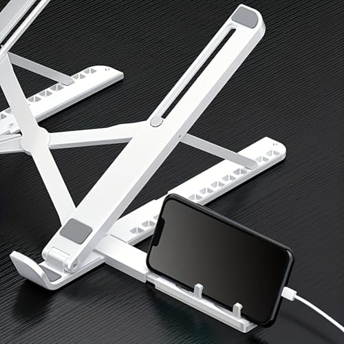 Portable Laptop Stand with Phone Holder, Adjustable Foldable Computer Riser for Desk, Lightweight Ergonomic Tablet Mount for 10-15.6", White