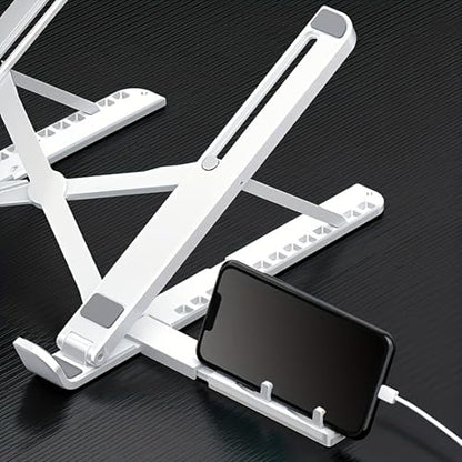Portable Laptop Stand with Phone Holder, Adjustable Foldable Computer Riser for Desk, Lightweight Ergonomic Tablet Mount for 10-15.6", White