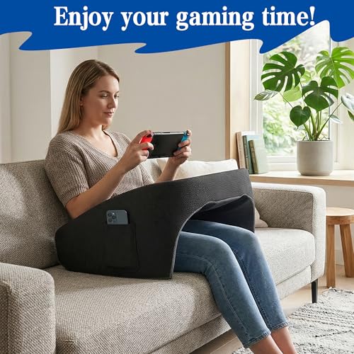 Reading Pillow for Gaming, Ergonomic Memory Foam Lap Desk Pillow | Cup Holder & Pocket, Large Non-Slip Bottom Arm Rest Pillow for Working, Crocheting in Bed, Couch, Floor (Deep Grey)