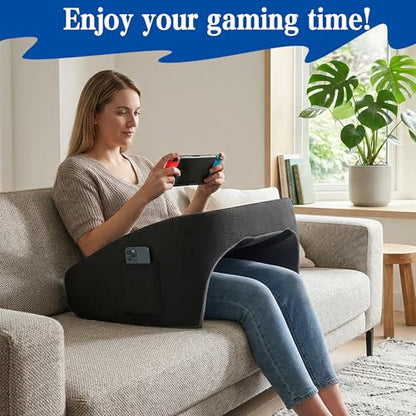 Reading Pillow for Gaming, Ergonomic Memory Foam Lap Desk Pillow | Cup Holder & Pocket, Large Non-Slip Bottom Arm Rest Pillow for Working, Crocheting in Bed, Couch, Floor (Deep Grey)