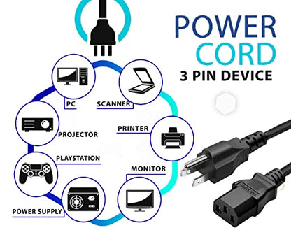 Standard 5ft (1.5m) 10 Amps 125 Volts Black 3 Prong AC Power Cord Cable for Electronics, TV, Computer, Printer, Radio, Monitor, Samsung, Dell, Vizio, LG, Asus, Laptop and More - size: 5-feet