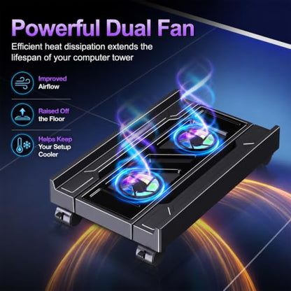 Adjustable Computer Tower Stand with Cooler Fan and Light, PC Stand for Floor, Mobile CPU Holder with 4 Caster Wheels Fits Most PC Tower, Under Desk CPU Holder for Office,Gamers and Students - style: With Fan