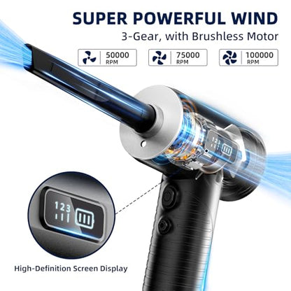 Compressed Air Duster, 100000RPM Super Power Electric Air Duster with LED Light, 3-Gear Adjustable Rechargeable Cordless Air Blower for Keyboard Car House Electric Devices Cleaning Outdoor