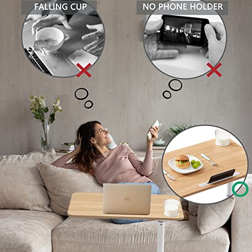 ETHU Overbed Table with Hydraulic Lift, 27.1-34.2 Inch Height Adjustable Bed Table with Lockable Casters - Wood Grain Tabletop with Cup Holder & Charging Slot, 22lbs Capacity Rolling Bedside Desk - color: White/Wood