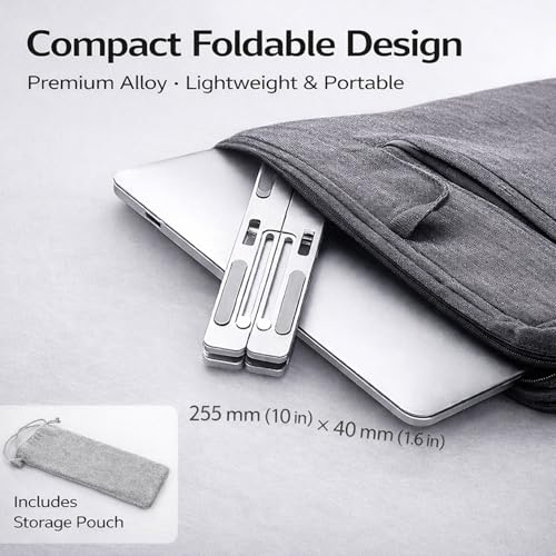 Portable Foldable Laptop Stand for Travel, Adjustable Aluminum Laptop Stand Riser for Desk, Ergonomic Computer Stand with Pouch for 16–18 Inch Laptops (Silver)