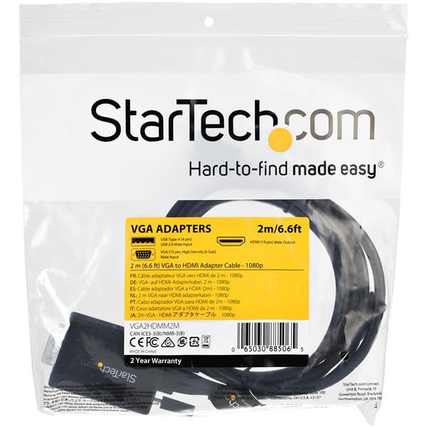 StarTech 6ft (2m) VGA to HDMI Converter Cable, USB Audio (VGA2HDMM2M) | Analog to digital video adapter cable, Connect VGA PC to HDMI display, Male to male, Up to 1080p 60Hz - size: 2m