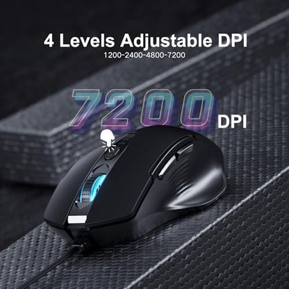 Uineer Wired Mouse, USB-A Computer Mouse with 6 Buttons,Adjustable | Plug-and-play USB-A wired connection with 6 programmable buttons, 7200 DPI and a 1.5 m cable. - color: black
