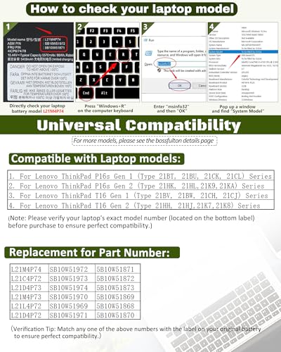 86Wh L21M4P74 L21C4P72 Replacement for Lenovo ThinkPad T16 Gen 1 / Gen 2 & ThinkPad P16s Gen 1 / Gen 2 Series – Parts L21D4P73 L21M4P73 L21L4P72 L21D4P72-15.44V - size: 12.57*4.32*0.19 IN L21M4P74