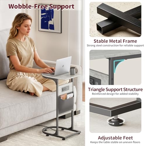C Shaped End Table with Charging Station, Small Side Table for Couch, C Table Slides Under Sofa with Storage Bag, TV Tray Table for Recliner, Living Room, Bedside, Bedroom, Small Spaces, Greige - color: Charging Station Greige