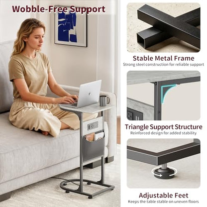 C Shaped End Table with Charging Station, Small Side Table for Couch, C Table Slides Under Sofa with Storage Bag, TV Tray Table for Recliner, Living Room, Bedside, Bedroom, Small Spaces, Greige - color: Charging Station Greige